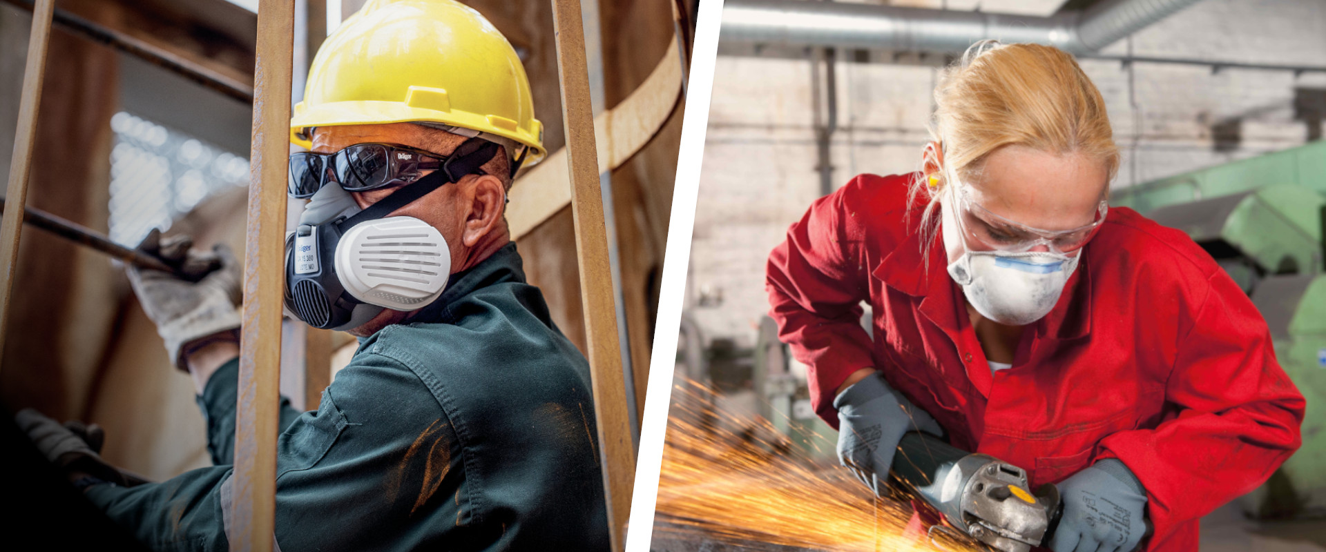 Dräger Produkte im Einsatz - Handwerker mit angezogener Schutzbrille, Helm und Halbmaske